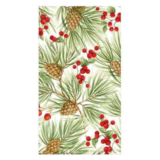 Guest towel napkin with evergreen pine needles, cones, and red berries on white background