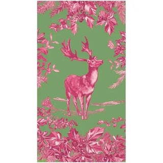 Guest towel napkin with pink stag toile on green background, raspberry/sage paper linen