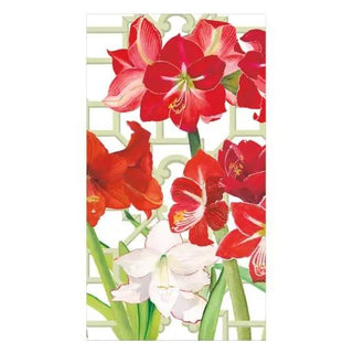 Guest towel napkin, Amaryllis Conservatory floral design with red, pink, and white blooms on a pale lattice background.