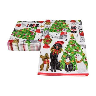 Guest towel napkin set featuring caroling pets, Christmas trees, and gifts in festive colors.