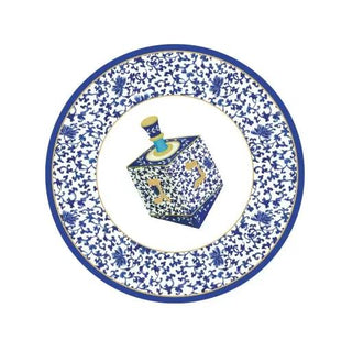 Dreidel-patterned plate for salads and desserts, blue-and-white with a central dreidel motif