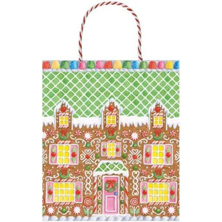 Gingerbread House gift bag, large size with green lattice top and striped handles