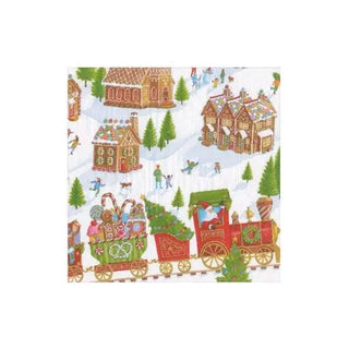 Cocktail napkin with a gingerbread village pattern on white recycled paper