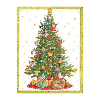 Cat Christmas Tree boxed holiday card featuring a decorated tree with playful cats and gifts, bordered in green.