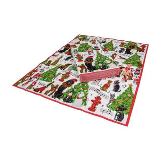 Guest towel napkin set (two pieces) featuring Caroling Pets print, white background with colorful animals and red trim.