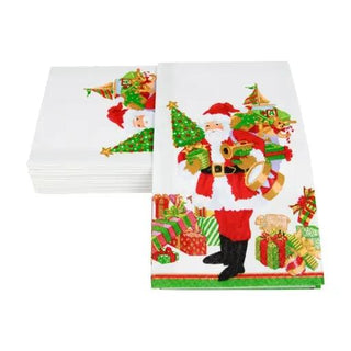Guest towel napkin set featuring Santa Claus and presents, white background with colorful Christmas print.