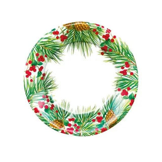 Evergreen and Berries white salad/dessert plate with pine branches and red berries motif