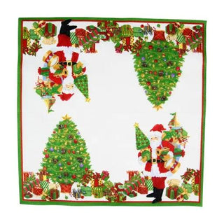 Cocktail napkin Mr. Claus with red-green holiday print featuring Santa, trees, and gifts.