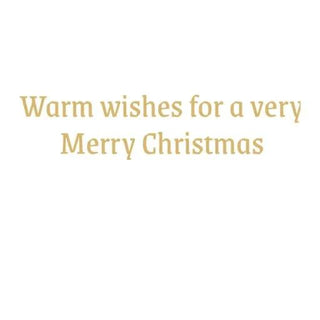 Boxed holiday card front with gold script reading Warm wishes for a very Merry Christmas on white background