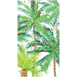 Guest towel napkin featuring palm trees with string lights in green and teal tones