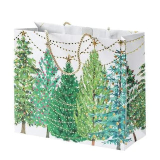 Gift bag depicting Christmas trees with lights; large white bag with green trees and gold garland