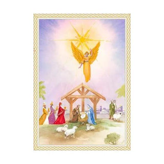 Golden Angel Nativity boxed holiday card with radiant angel above a manger scene and ornate gold border