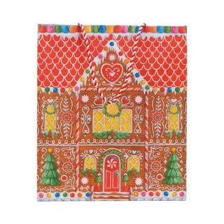 Gingerbread house gift bag, large size with red roof, brown panels, and colorful candy trim.
