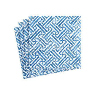 Cocktail napkins with blue fretwork geometric pattern, set of four