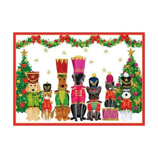 Pet toy soldiers boxed holiday cards; colorful dogs and cats in festive uniforms framed by garlands.