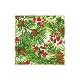 Cocktail napkin with evergreen pine needles, pinecones and red berries on white background.