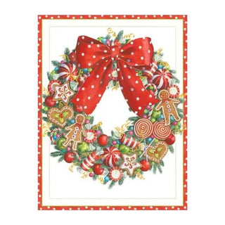 Candy wreath boxed holiday card with red polka-dot frame, large red bow, and candy cookies design.
