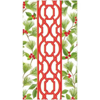 Guest towel napkin in Knots And Greenery White with a red lattice stripe and pine branches with red berries