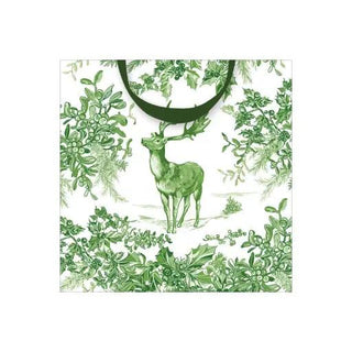 Gift bag, Christmas Toile Green, small square with green deer and foliage pattern, black handle.