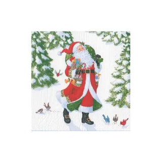 Cocktail napkin with Woodland Santa design on recycled paper in a snowy woodland scene; Santa in red suit surrounded by birds.