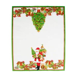 Guest towel napkin featuring Mr. Claus: Santa with gifts and a Christmas tree, white central field, green border.