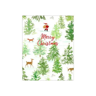 Santa Forest boxed holiday cards with green trees, deer, and red Merry Christmas script.
