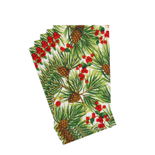 Set of 3 white guest towel napkins with evergreen, pine cones and red berries pattern