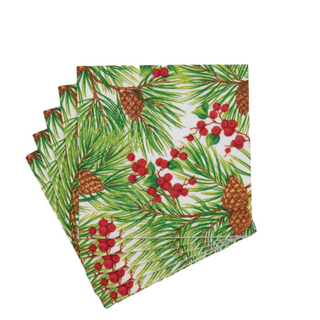 Cocktail napkins featuring evergreen branches, pinecones and red berries on a white background; set of 4.