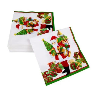 Cocktail napkins set featuring Mr. Claus print, white background with colorful Christmas figures and green border
