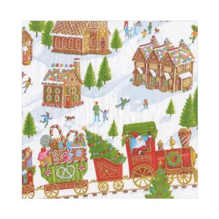 Luncheon napkin gingerbread village holiday scene, recycled paper with colorful houses and train