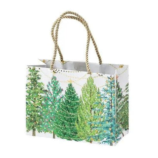 Gift bag, small size, featuring green Christmas trees with lights and rope handles