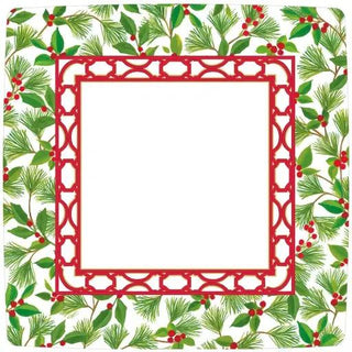 Square dinner plate with white center, red lattice border, and green pine and holly pattern
