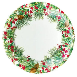 Dinner plate with white center and festive evergreen and berry border with pinecones.