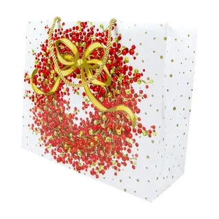 Pepperberry White gift bag, large size, white bag with red pepperberry bouquet, gold bow and gold polka-dot pattern.