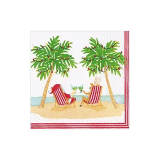 Cocktail napkin with beach scene: two palm trees, lounge chairs, cocktails, and a red striped border.