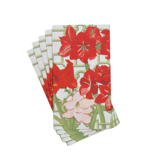 Guest towel napkins, Amaryllis Conservatory design, set of 5 with red amaryllis on green lattice