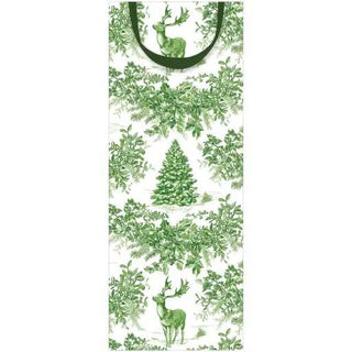 Bottle bag in green Christmas toile print with deer and pine trees.