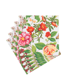 Cocktail napkins set, Christmas chinoiserie floral design on white with multicolor roses; 5 pieces
