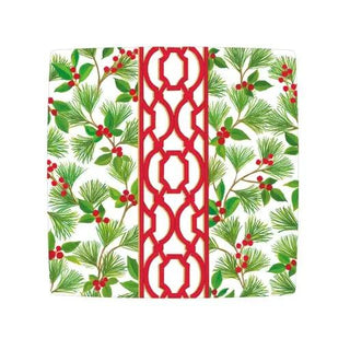 Knots And Greenery White square salad/dessert plate with green pine and red berries pattern and a red lattice stripe