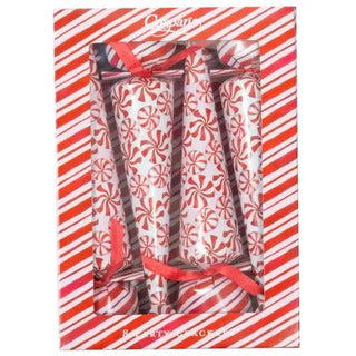 Peppermint Luxury Cone Crackers, three peppermint-patterned cone crackers in a striped red-and-white gift box