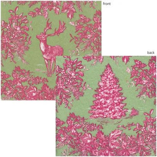 Guest towel napkin with stag toile pattern in raspberry and sage on paper linen.