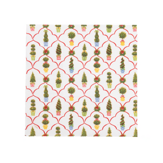 Cocktail napkin featuring Petit Jardin De Noel motif with colorful potted trees on white background