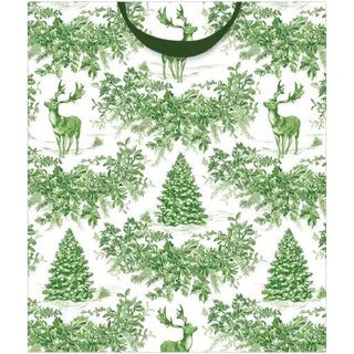 Gift bag featuring Christmas Toile Green pattern with deer and trees, large size with handles.