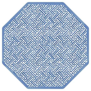 Fretwork blue octagonal paper placemat with white geometric pattern and blue border.