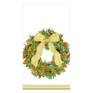 Guest towel napkin Magnolia Wreath design with yellow striped bow, green foliage, red berries, and gold border.