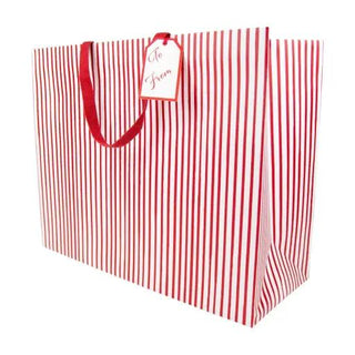 Jumbo gift bag with red-and-white vertical stripes, red handles, and a To/From tag.