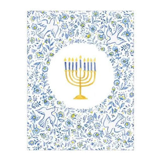 Boxed Hanukkah cards with a gold menorah at center, blue floral border and doves.