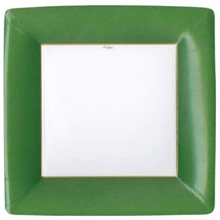 Square hunter-green Grosgrain Border dinner plate with white center and gold trim.