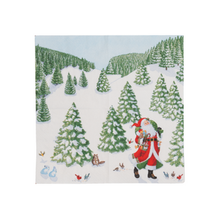 Cocktail napkin featuring Woodland Santa in a snowy forest with green pine trees; recycled paper