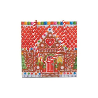 Gingerbread House gift bag, small square red with candy cane handles and colorful festive design.